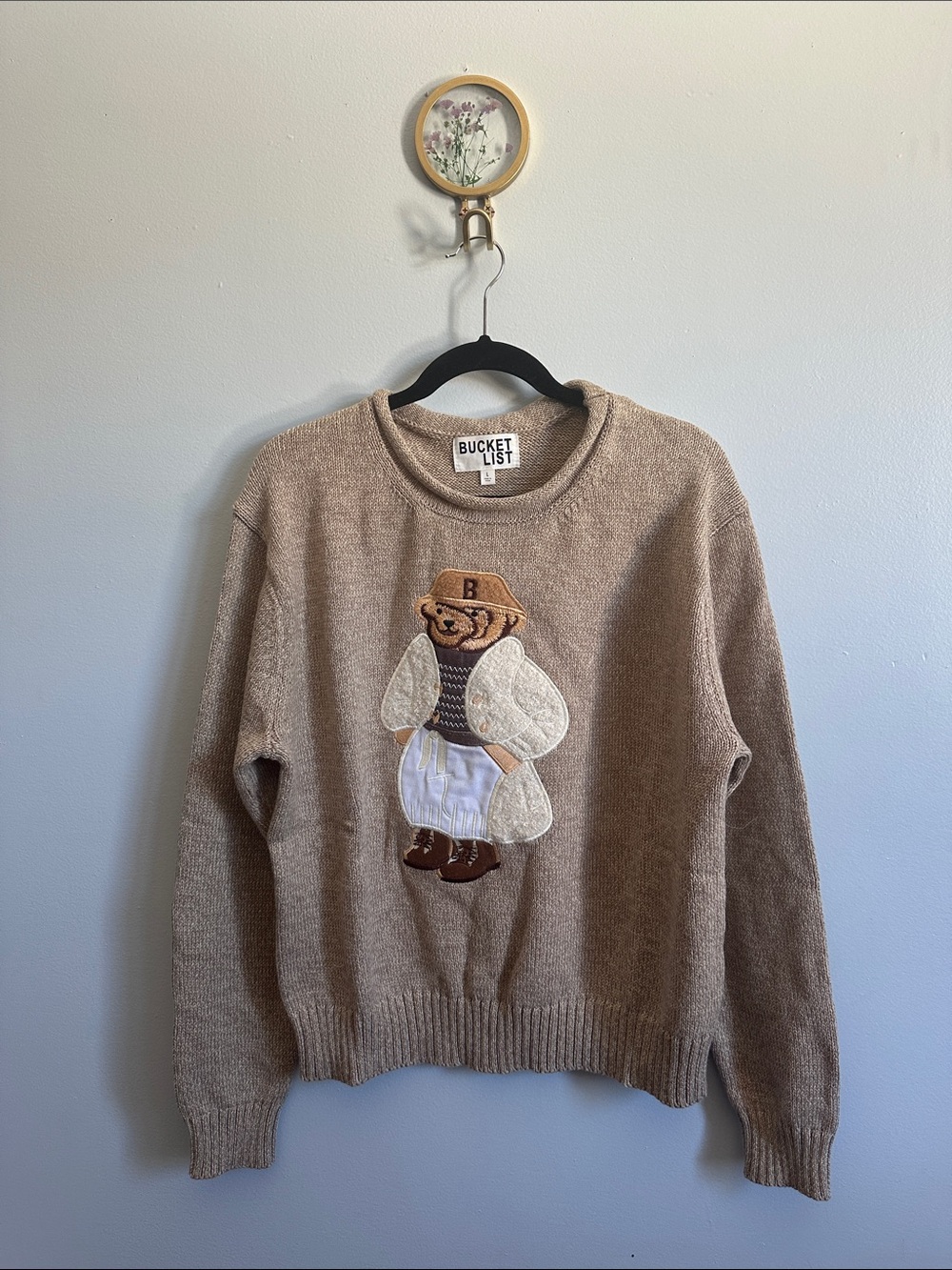 BUCKETLIST Beige Bear Patch Crewneck Sweater